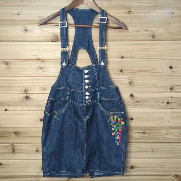 Coogi Overall Mini Skirt Womens 9/10 Blue Embroidered Denim 90s y2k - Picture 1 of 16